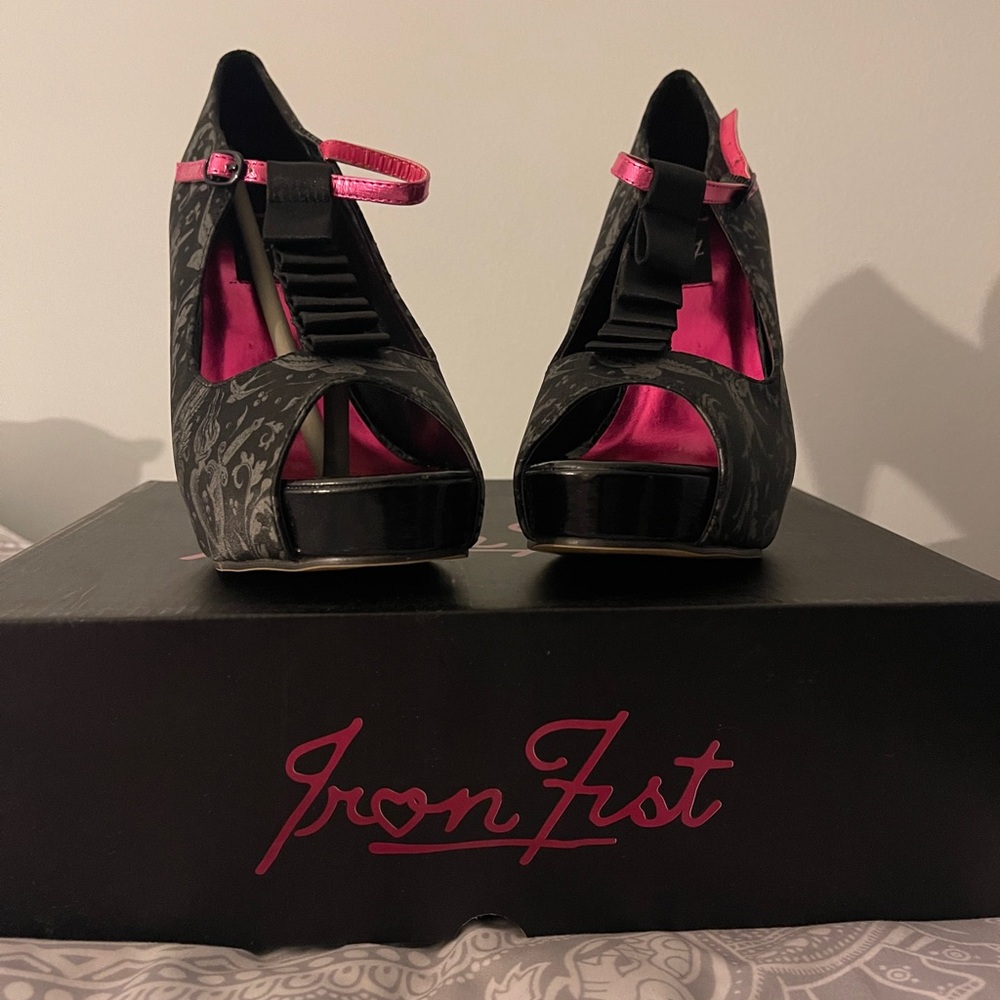 Iron Fist Black and Pink Goth Pattern Peep-Toe Heels - Picture 3 of 14